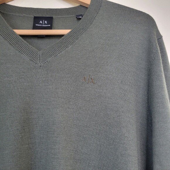 Armani Exchange Virgin Wool V-Neck Sweater Mens Med Green Preppy Lightweight - Picture 2 of 12